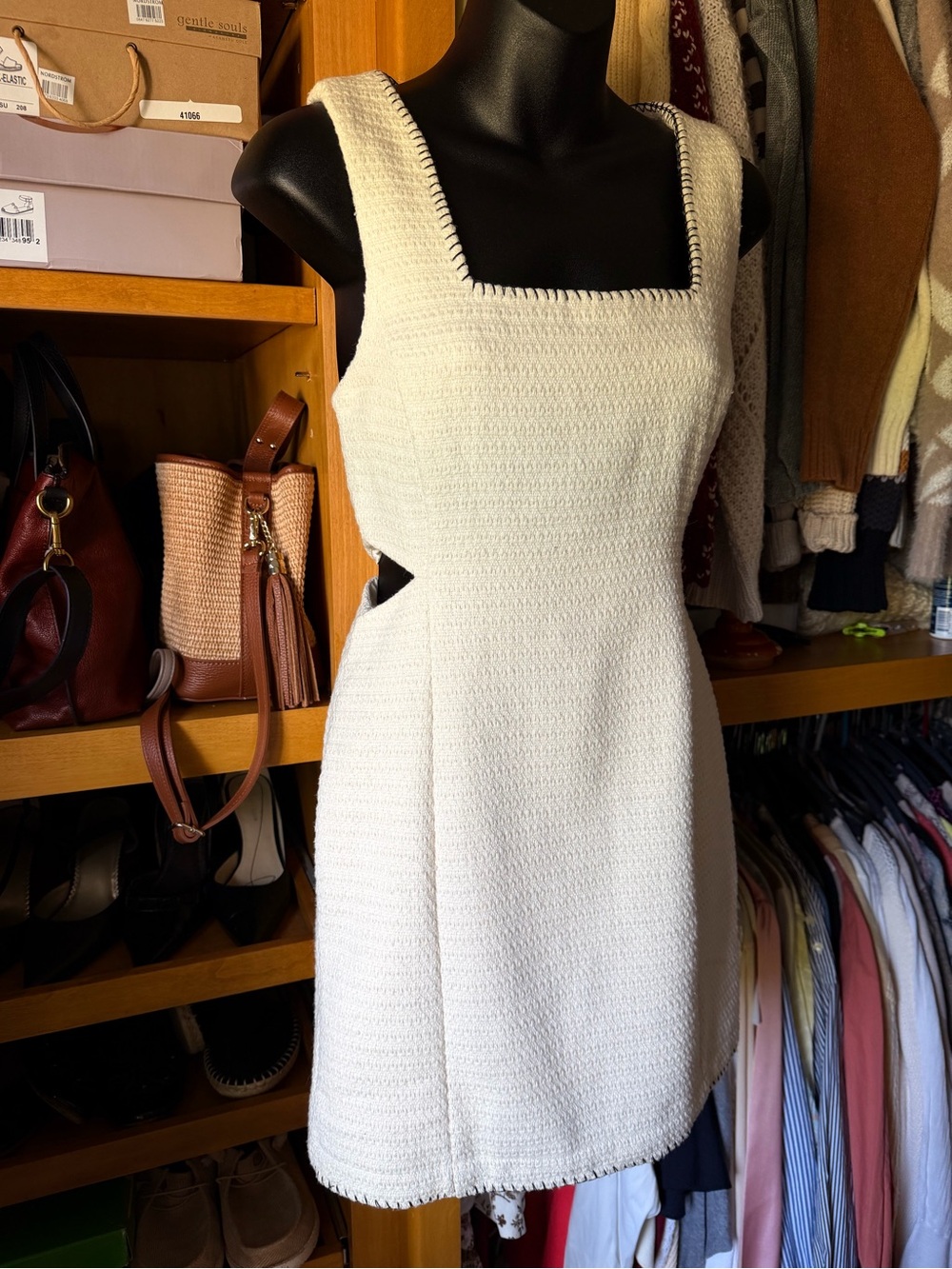 7 FOR ALL MANKIND Ivory Textured Square-Neck Mini Dress